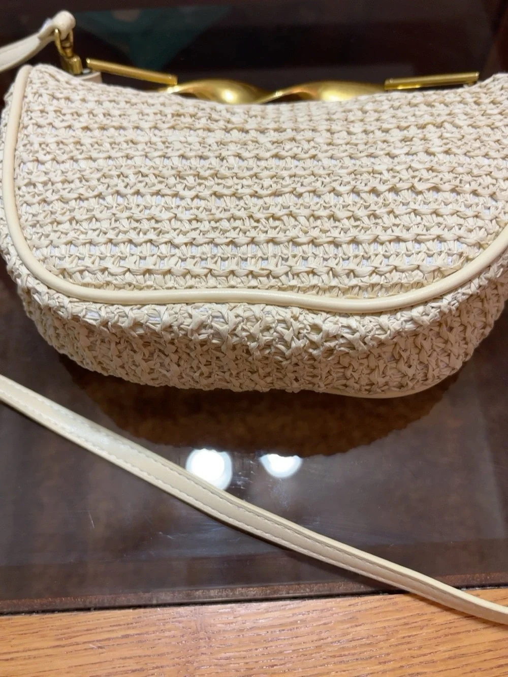 Cream Woven Raffia Mini Crossbody Clutch Bag Sculptural Gold Hardware